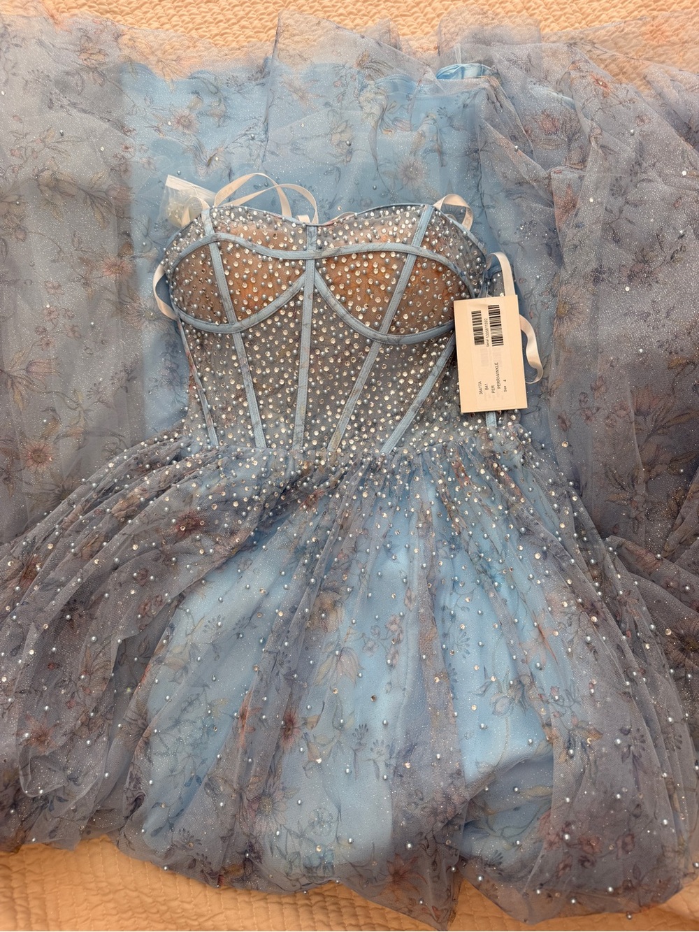 Jovani Light Blue Beaded Tulle Evening Gown